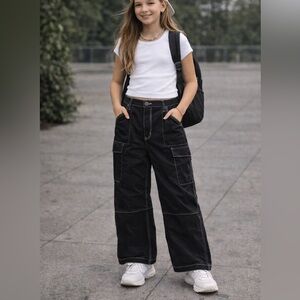SO good for life, Wide leg High Rise Black Cargo Pants with white stitching LRG